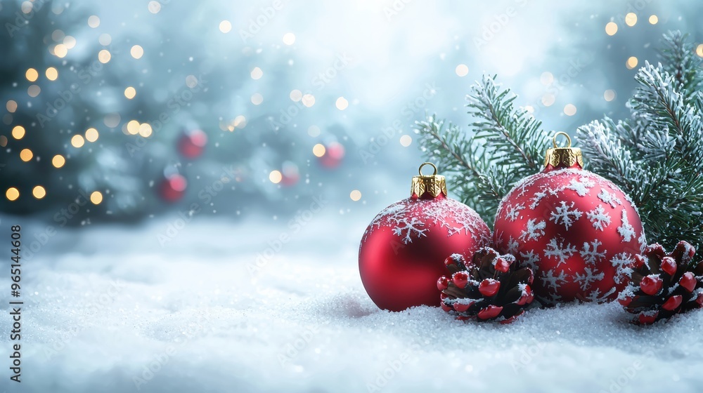 Festive red Christmas ornaments and pinecones resting on snow with blurred holiday lights in the background during winter Festive red Christmas ornaments and pinecones resting on snow with blurred holiday lights in the background during winter