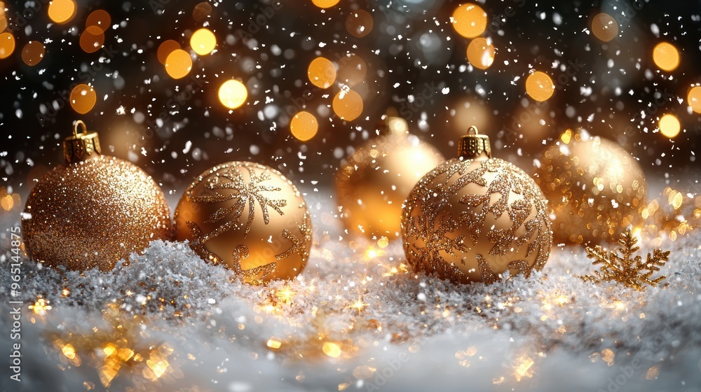 Elegant golden ornaments resting on snow with twinkling lights during a festive winter celebration Elegant golden ornaments resting on snow with twinkling lights during a festive winter celebration