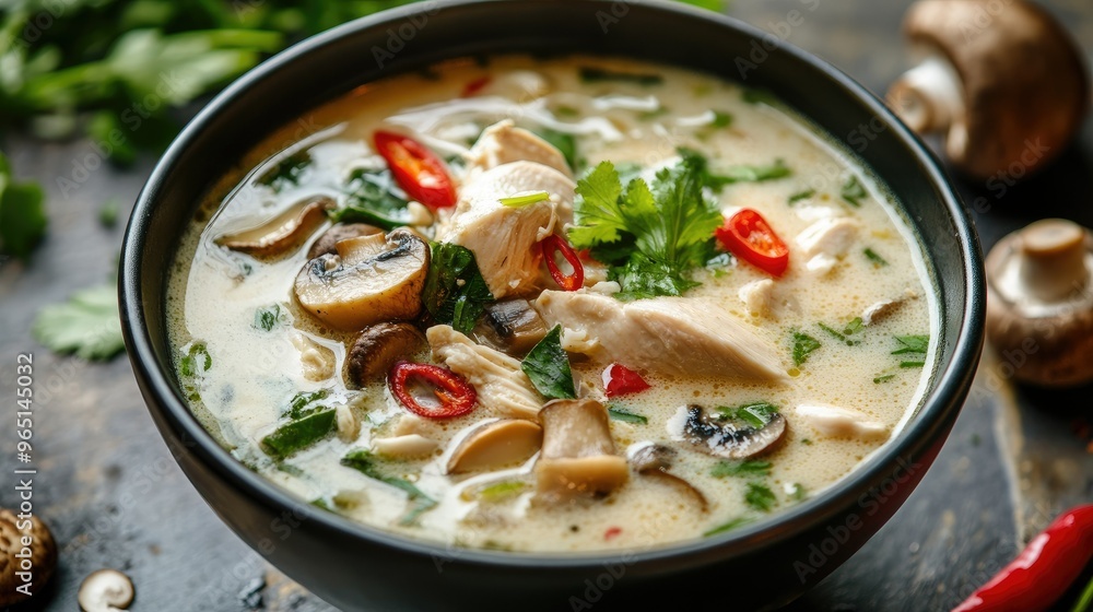 Tom kha gai coconut milk soup with chicken and mushrooms Tom kha gai coconut milk soup with chicken and mushrooms