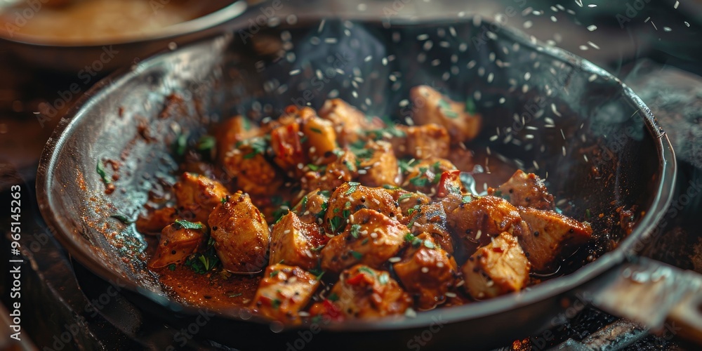 Spiced sauce with roasted marinated chicken pieces Spiced sauce with roasted marinated chicken pieces