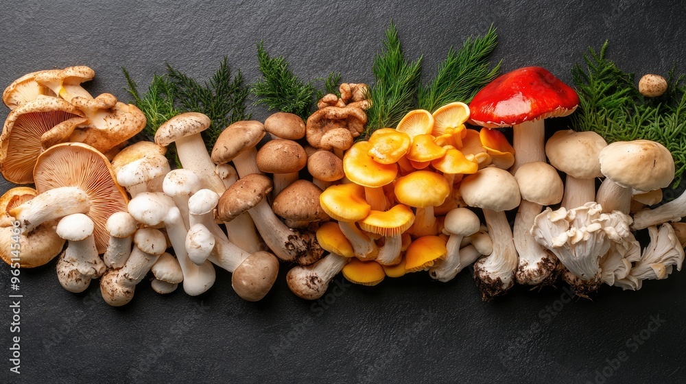 Variety of mushrooms with different colors and textures Variety of mushrooms with different colors and textures