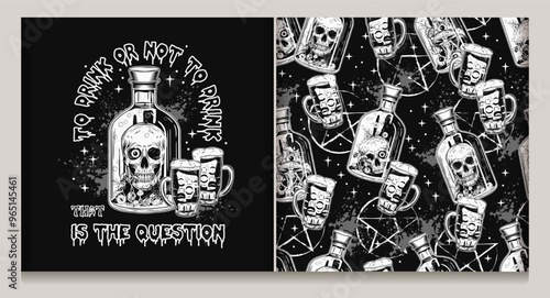 Pattern with bottle, label with potion with human skull inside, beer glass with poisonous potion. Pentagram sign, poison splashes on dark. Halloween creepy graphics