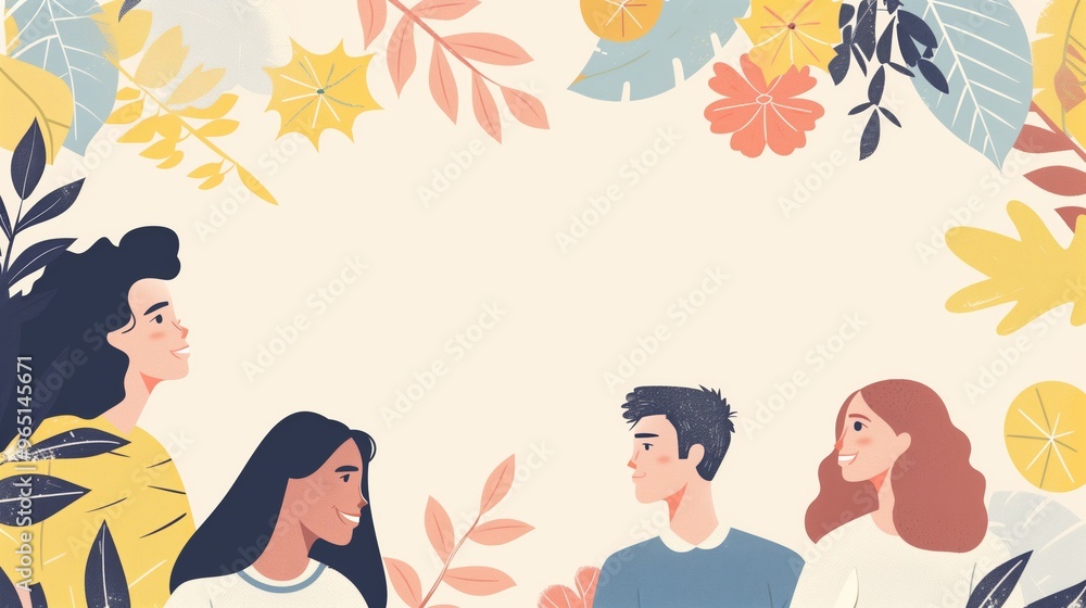 Colorful Illustration of Friends Amongst Autumn and Tropical Leaves Colorful Illustration of Friends Amongst Autumn and Tropical Leaves