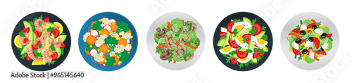 set of  plates with various salads with fresh vegetables eggs shrimps mushrooms top view vector illustration