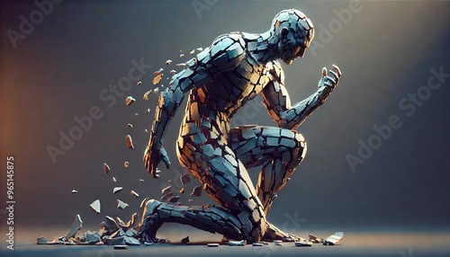 A detailed sculpture of a human figure assembling itself from broken pieces, representing recovery and resilience.