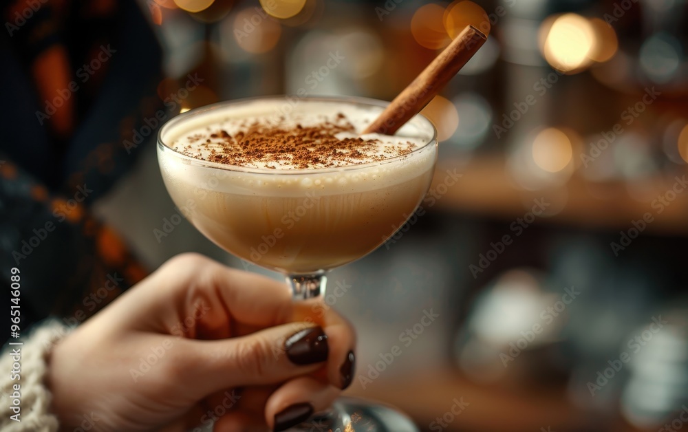A Close-Up View of a Delicious Creamy Cocktail with a Cinnamon Stick A Close-Up View of a Delicious Creamy Cocktail with a Cinnamon Stick