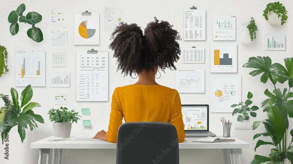 Data Driven Green Thumb: A young professional immersed in data analysis, surrounded by lush greenery in a modern, eco-conscious workspace. Data Driven Green Thumb: A young professional immersed in data analysis, surrounded by lush greenery in a modern, eco-conscious workspace.