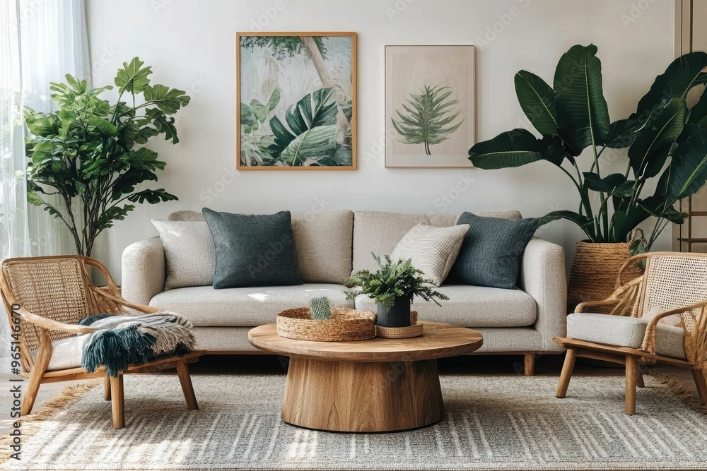 Fototapeta premium Cozy living room with plants and natural decor.