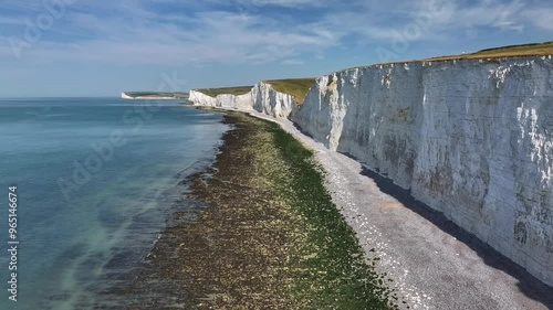Aerial view of white chalk cliffs at Seven Sisters, South Downs National Park, East Sussex, England, United Kingdom, Europe
