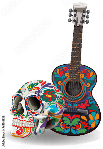 Colorful Mexican Skull and Guitar