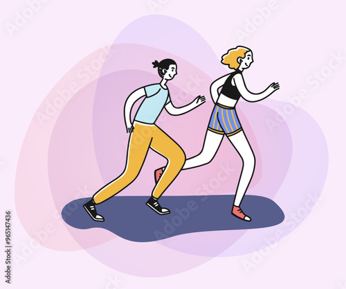 Couple jogging outdoors flat vector illustration. Active people running marathon. Activity, healthy lifestyle, morning exercise concept for banner, website design or landing page