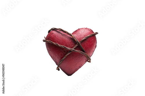 A red heart wrapped in thorny vines symbolizing love, pain, and vulnerability, perfect for emotional and artistic themes.