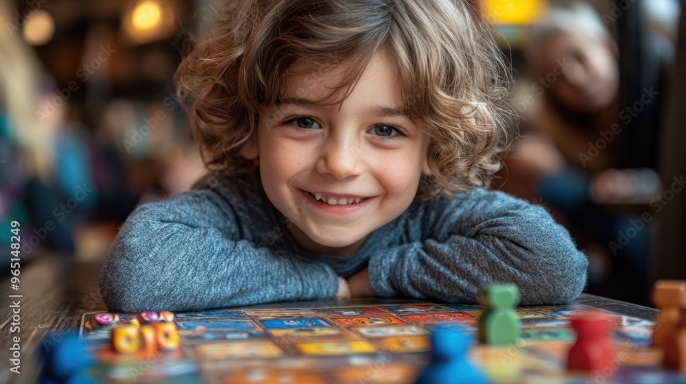 A cheerful child enjoying a board game with colorful pieces. A cheerful child enjoying a board game with colorful pieces.