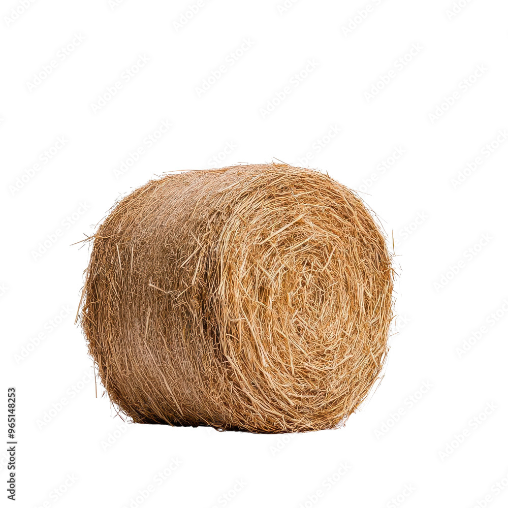 A single round hay bale isolated on a white background, showcasing its natural texture and golden color, ideal for agricultural themes. A single round hay bale isolated on a white background, showcasing its natural texture and golden color, ideal for agricultural themes.