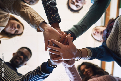 Fotografie Hands, stack and student friends for motivation, smile or solidarity for goals, exam and education