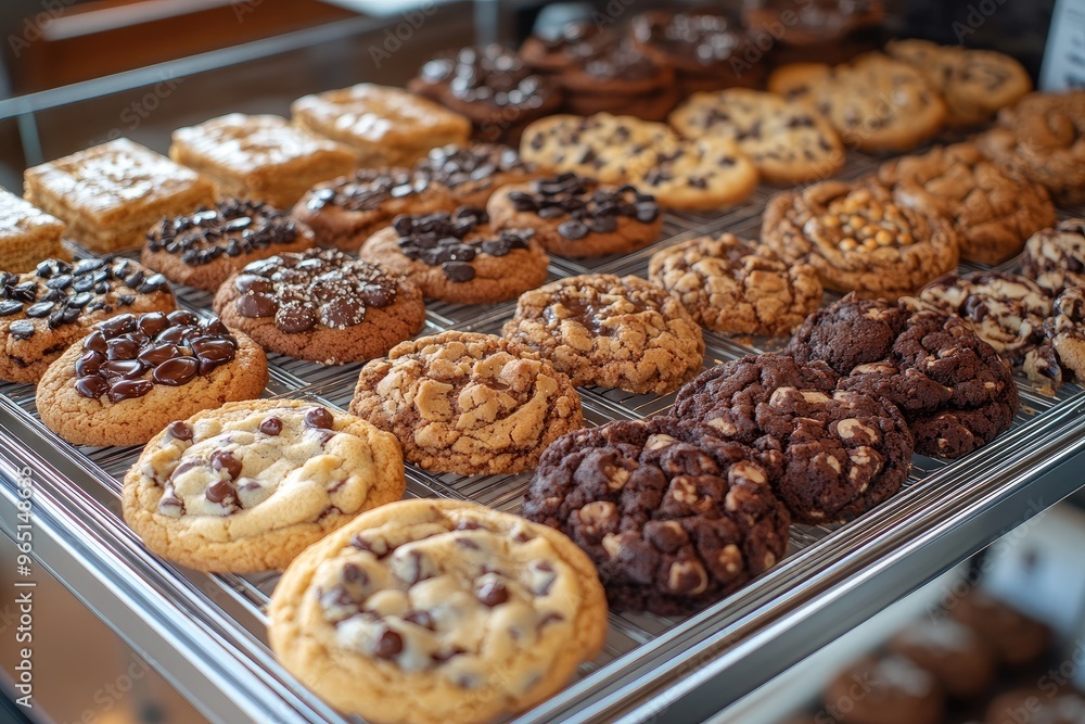 Delicious freshly baked cookies with various toppings in a box Delicious freshly baked cookies with various toppings in a box