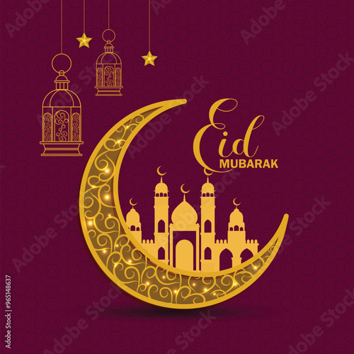 Eid Mubarak Celebration Greeting card Design with hanging lantern and star