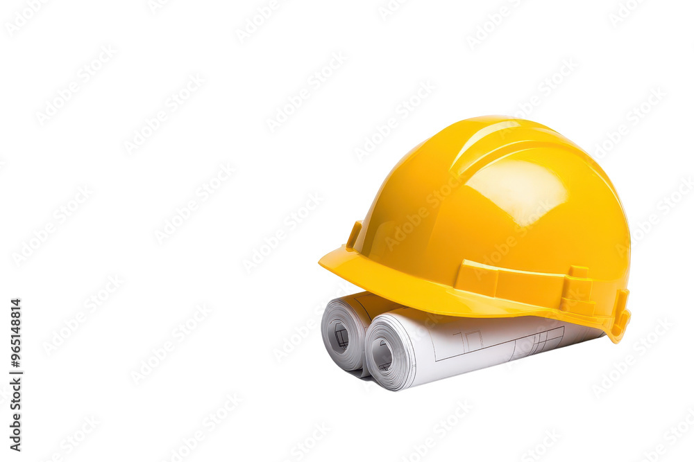 A yellow construction helmet rests on rolled blueprint plans, symbolizing safety and planning in architecture and construction. A yellow construction helmet rests on rolled blueprint plans, symbolizing safety and planning in architecture and construction.
