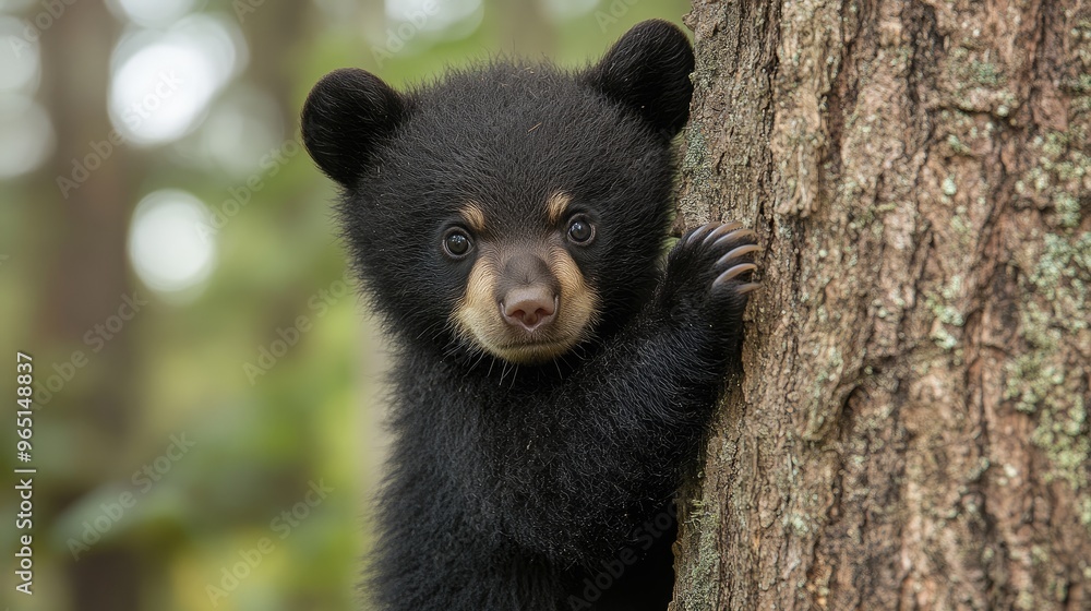Black bear cub peeking around tree trunk in forest Black bear cub peeking around tree trunk in forest