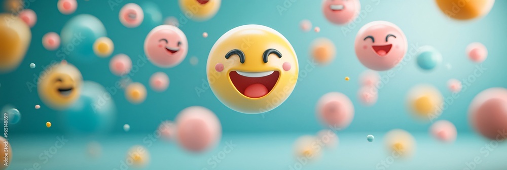 Colorful floating smiley faces create a joyful and cheerful atmosphere. Colorful floating smiley faces create a joyful and cheerful atmosphere.