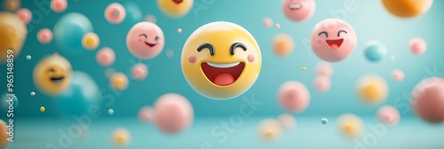 Colorful floating smiley faces create a joyful and cheerful atmosphere.