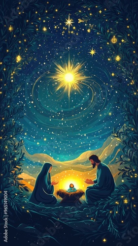 Holy family celebrating christmas under the starry sky