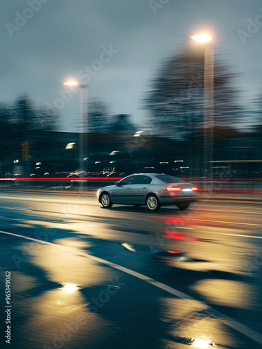 Driving at night with motion blur. Long exposure shot