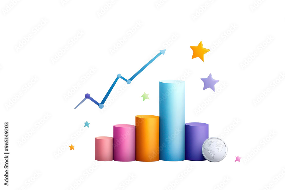 Colorful bar chart with rising trend line and stars, representing ...