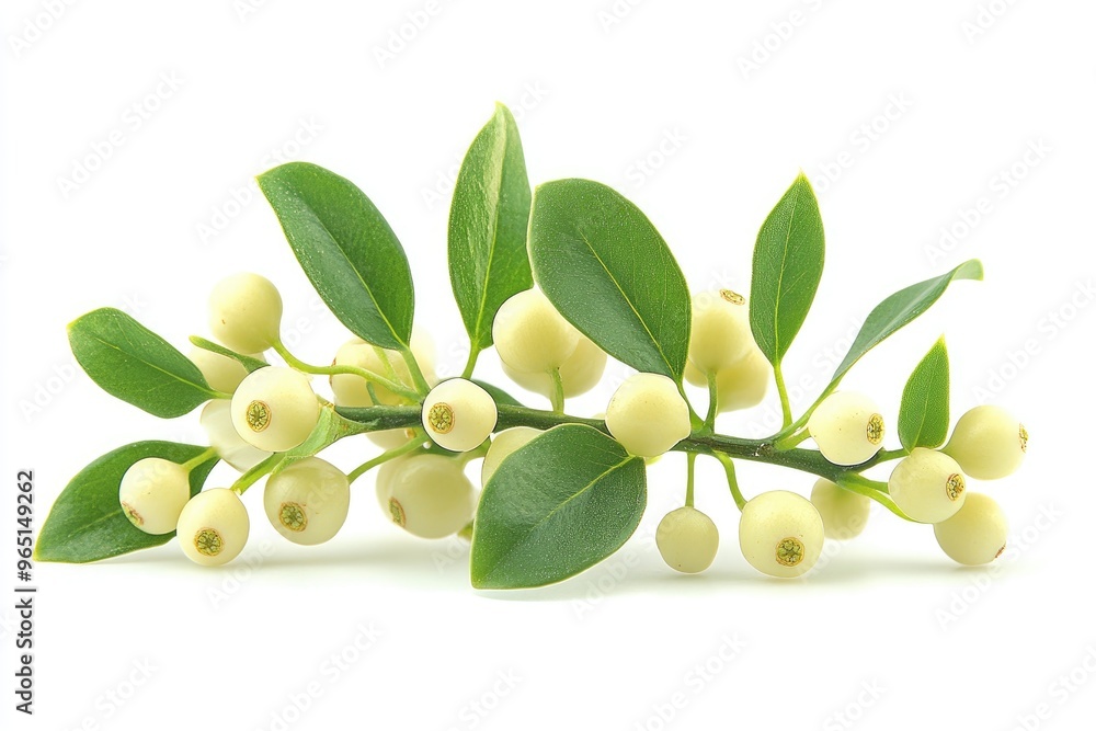 Branch with green leaves and white berries isolated on white Branch with green leaves and white berries isolated on white