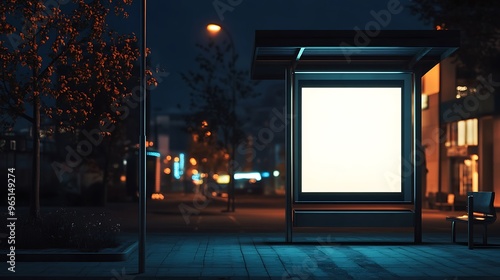 Blank Billboard at Night Bus Stop