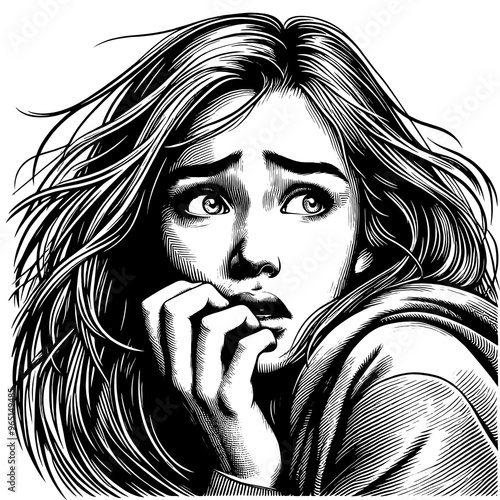 Portrait of a frightened woman in black and white woodcut style. Raster, generative ai.