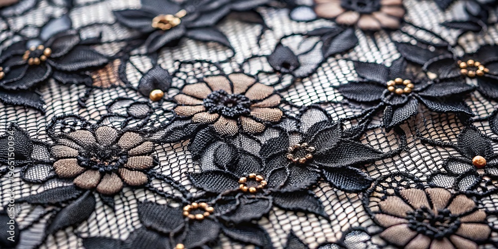 Black Lace with Golden Beads, Close-Up, Floral Pattern, Texture, Lace, Bead, Pattern Black Lace with Golden Beads, Close-Up, Floral Pattern, Texture, Lace, Bead, Pattern