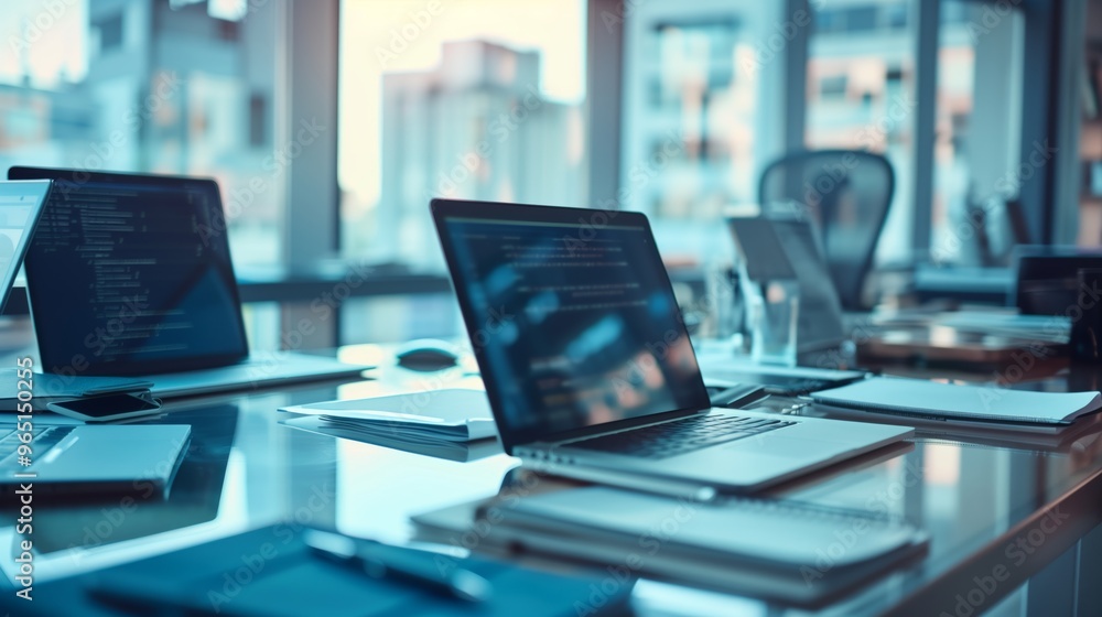 Modern Office Workspace with Multiple Laptops and Cityscape View Modern Office Workspace with Multiple Laptops and Cityscape View