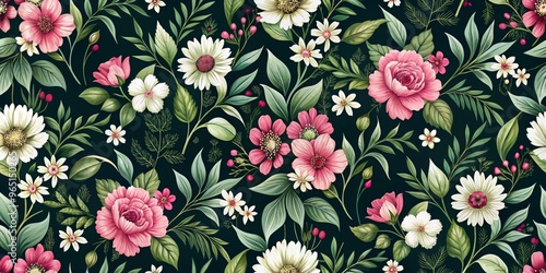 Blooming Delights Watercolor Floral Pattern on Dark Green Background, Floral Pattern, Watercolor, Seamless Pattern