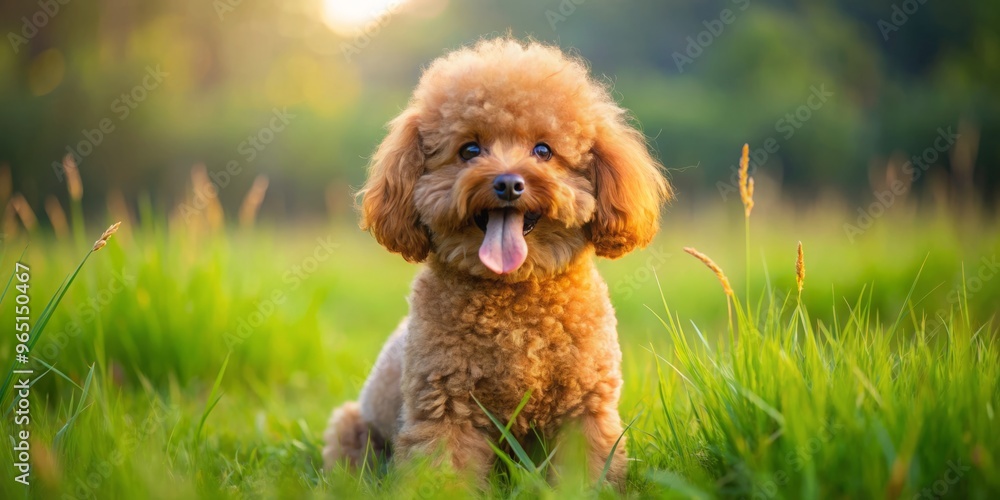 A tiny, crimson-coated toy poodle perches in a lush green meadow, its tongue protruding as it watches the A tiny, crimson-coated toy poodle perches in a lush green meadow, its tongue protruding as it watches the