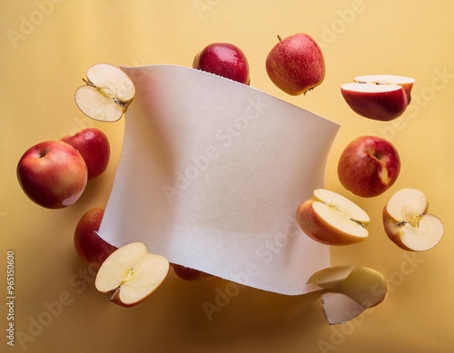 fresh apple fruit floating in the air with white mockup paper. generative ai photo