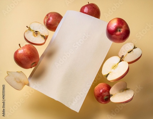 fresh apple fruit floating in the air with white mockup paper. generative ai photo