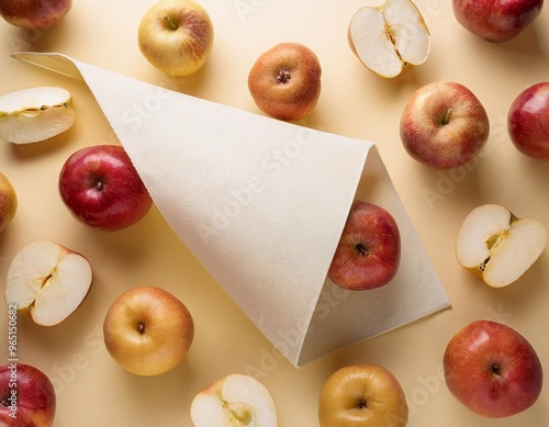 fresh apple fruit floating in the air with white mockup paper. generative ai photo