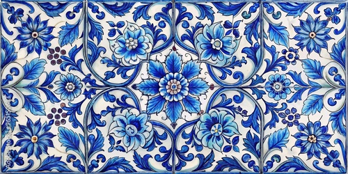 Blue and White Floral Tile Pattern, Portuguese, Azulejos, Ceramic