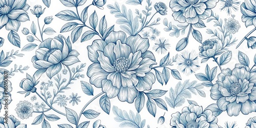 Blue Floral Outline Pattern, white background, line art, botanical, floral pattern, illustration, wallpaper