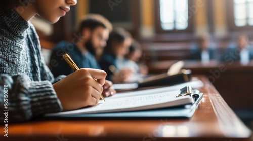 Close-up of a law student taking notes during a courtroom trial, judge in the background.