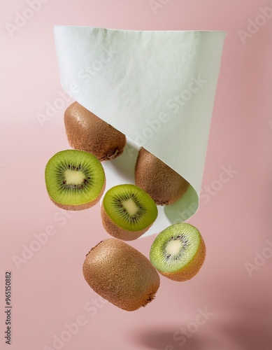 fresh kiwi fruit floating in the air with white paper mockup. generative ai photo