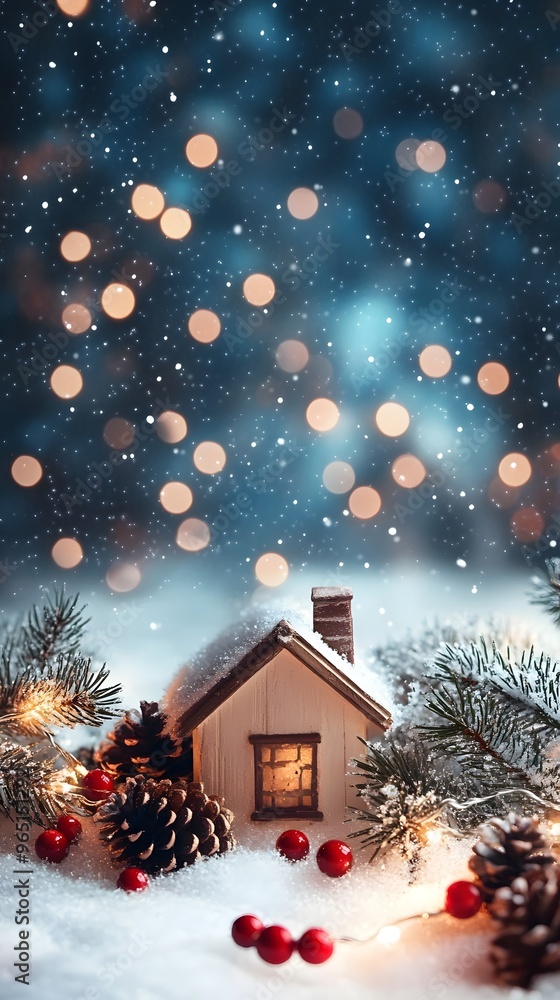 Fototapeta premium Cozy Winter Wonderland Cottage with Pine Cones and Christmas Lights