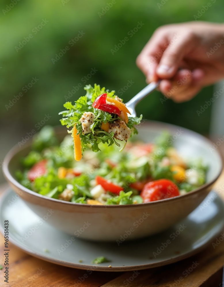 Fresh Salad with Chicken. Healthy and Delicious Meal with Forkful of Greens. Fresh Salad with Chicken. Healthy and Delicious Meal with Forkful of Greens.