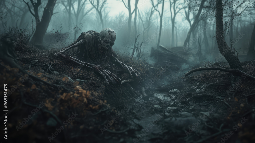 A skeleton is laying in the woods, surrounded by trees and leaves A skeleton is laying in the woods, surrounded by trees and leaves