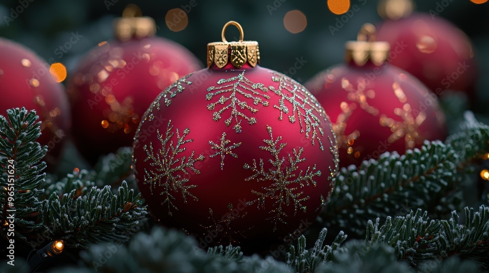Bright red Christmas ornaments resting on evergreen branches with a warm glow of holiday lights in the background Bright red Christmas ornaments resting on evergreen branches with a warm glow of holiday lights in the background