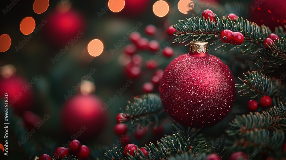 Beautiful close-up of a red ornament hanging among pine branches and berries during the festive holiday season in December Beautiful close-up of a red ornament hanging among pine branches and berries during the festive holiday season in December