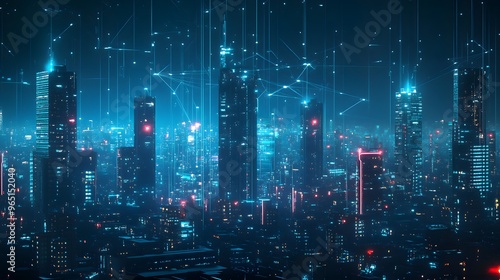 Wallpaper Mural Futuristic Cityscape with Neon Lights and Digital Network Connections Torontodigital.ca