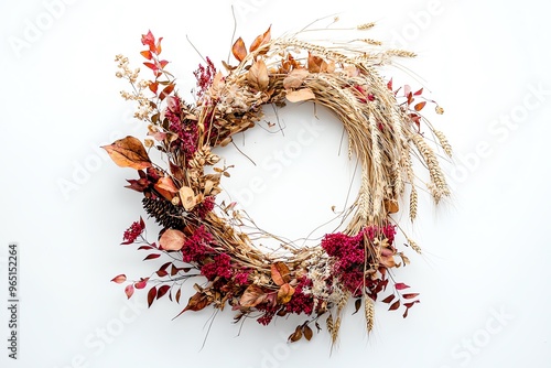 Rustic autumn wreath with dried flowers and leaves on white background.