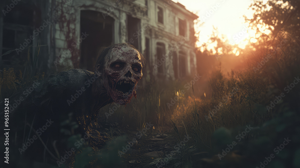 A zombie figure is standing in a field with a sunset in the background A zombie figure is standing in a field with a sunset in the background